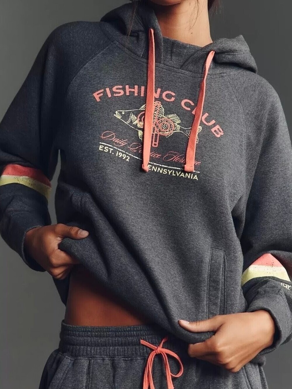 Daily Practice × Anthropologie Fishing Club Graphic Hoodie, Kangaroo Pocket, XS